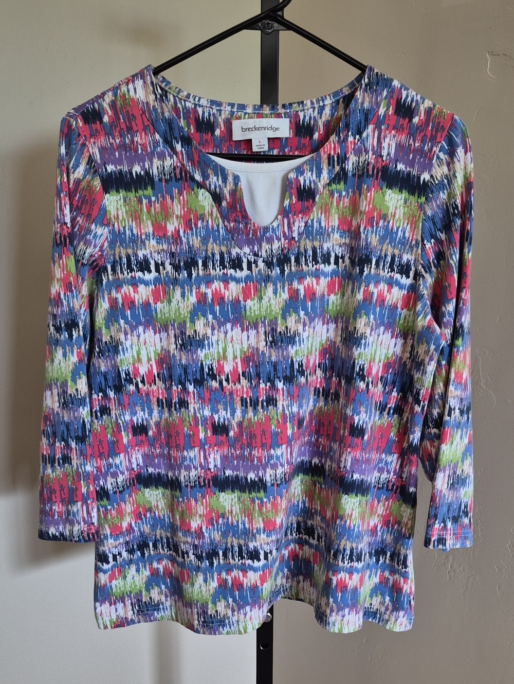 breckenridge Vintage Multicolor 3/4 Sleeve Top Size L - Keyhole Neck